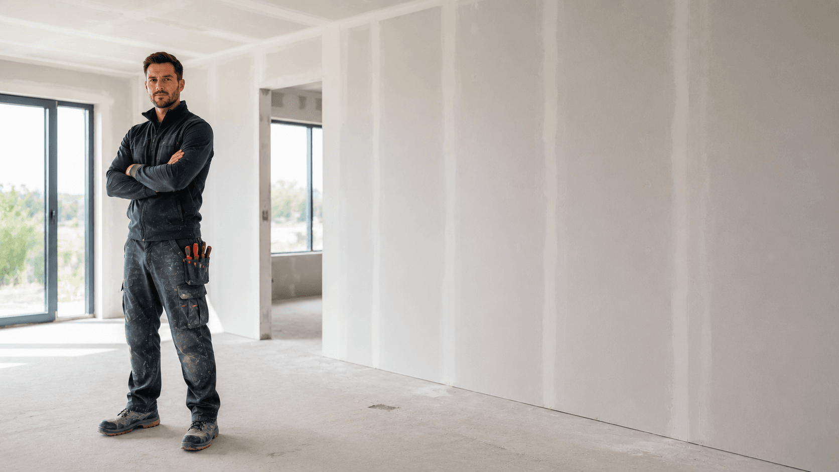 Trockenbauer mit verschränkten Armen in einem Rohbau mit neuen Gipskartonwänden
